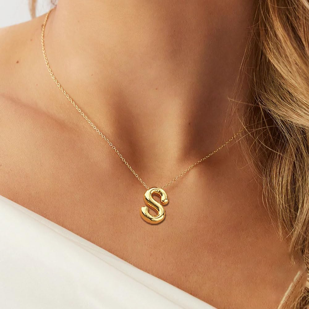 Cheap Gifts for Women Under 2 Dollar Items Only 1 Dollar Items Bubble Letter Necklace Gold Initial Necklaces for Women Name Trendy Chunky Charm Pendant Gold Jewelry Birthday Gifts Her Mom Wife