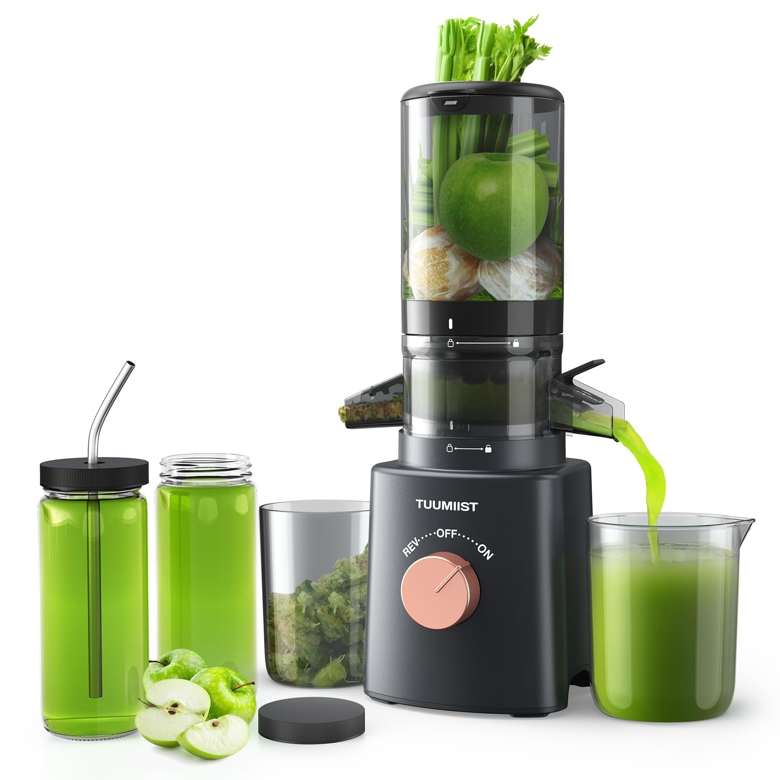 Cold Press Juicer with 8 Juice Bottles - Masticating Juicer Machines for Fruits and Veggies, 4.25" Large Feed Chute, Easy to Clean