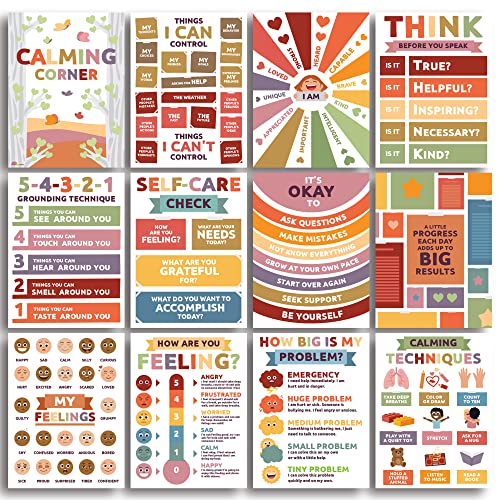 Sproutbrite Calming Corner -12 pack - Classroom Decor Educational Posters for Elementary, Middle School, and High School Classrooms (Neutral)