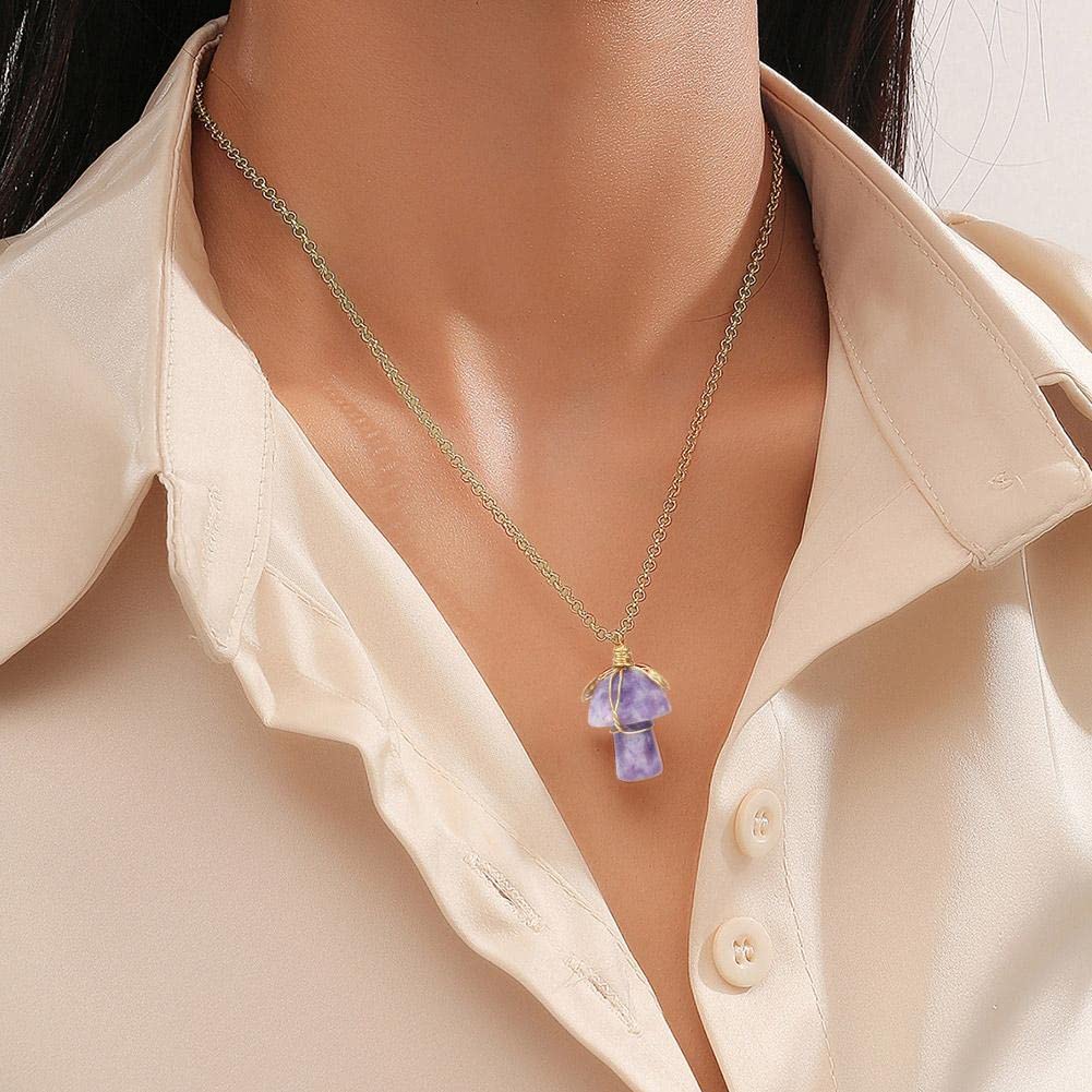 Rose Quartz Crystals Cute Mushroom Necklace for Women Teen Girls Trendy, Gold Plated Dainty Healing Chakra Preppy Necklaces Aesthetic