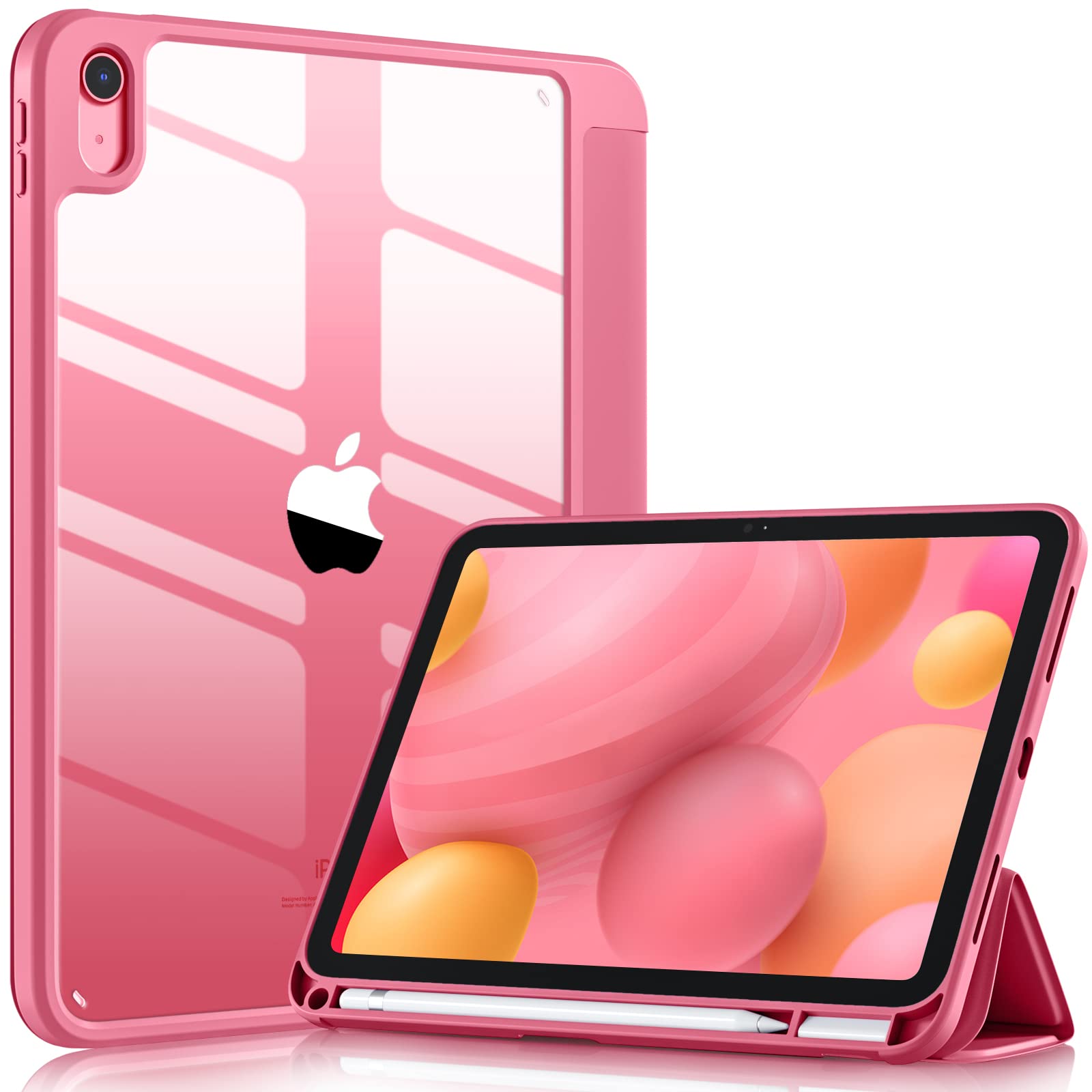 Wenlaty Case Compatible with iPad 10th Generation 2022 10.9 Inch with Pencil Holder, Slim Protective Cover with Clear Back Shell for iPad 10th Gen A2696 A2757 A2777, Auto Wake/Sleep, Watermelon Pink