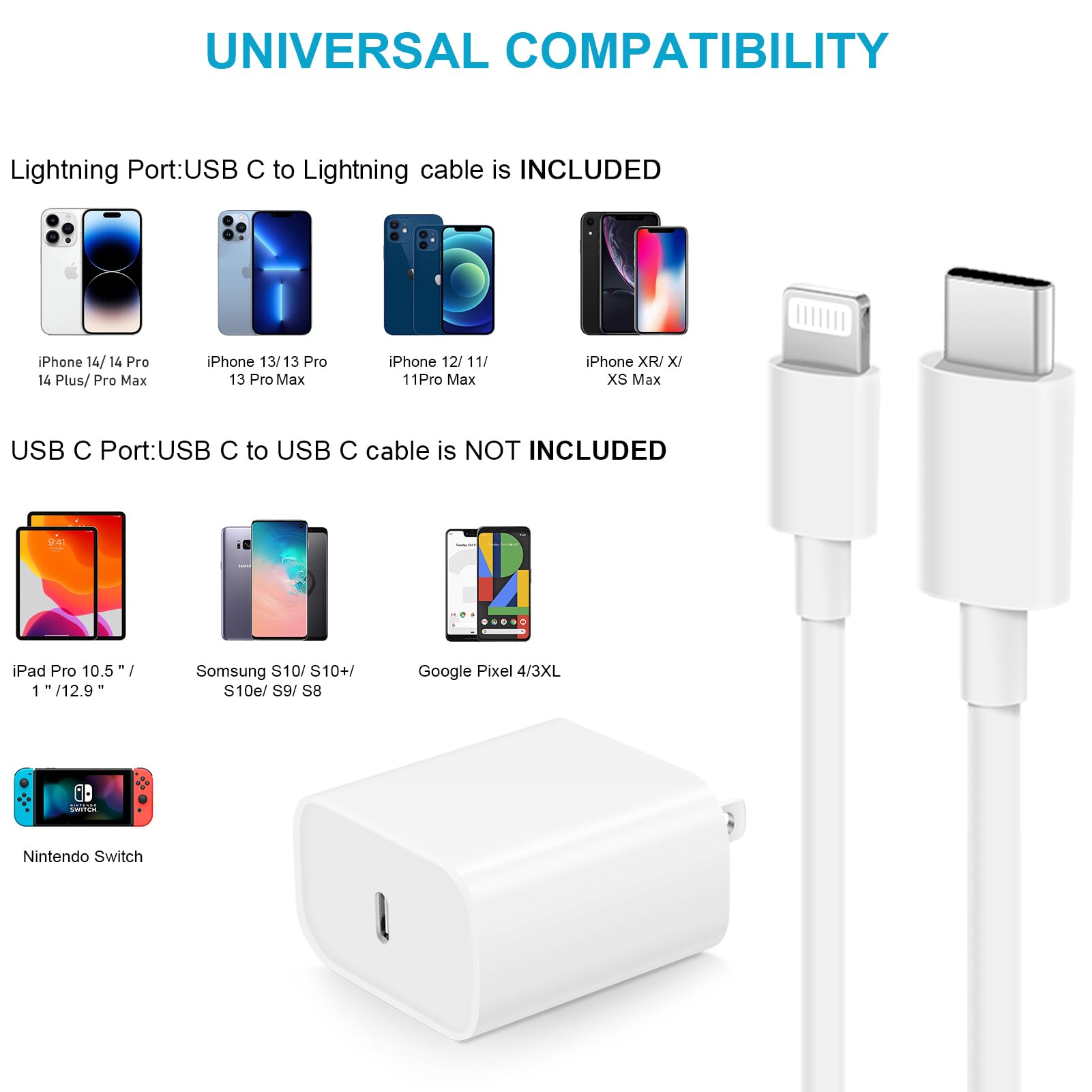 iPhone 14 13 12 11 Fast Charger USB C Wall Charger [2-Pack] 6FT Fast Charging Cable Compatible with iPhone 14/14 Pro/14 Pro Max/iPhone 13/12/11/X/8/7/6/iPad Pro/Mini/AirPods