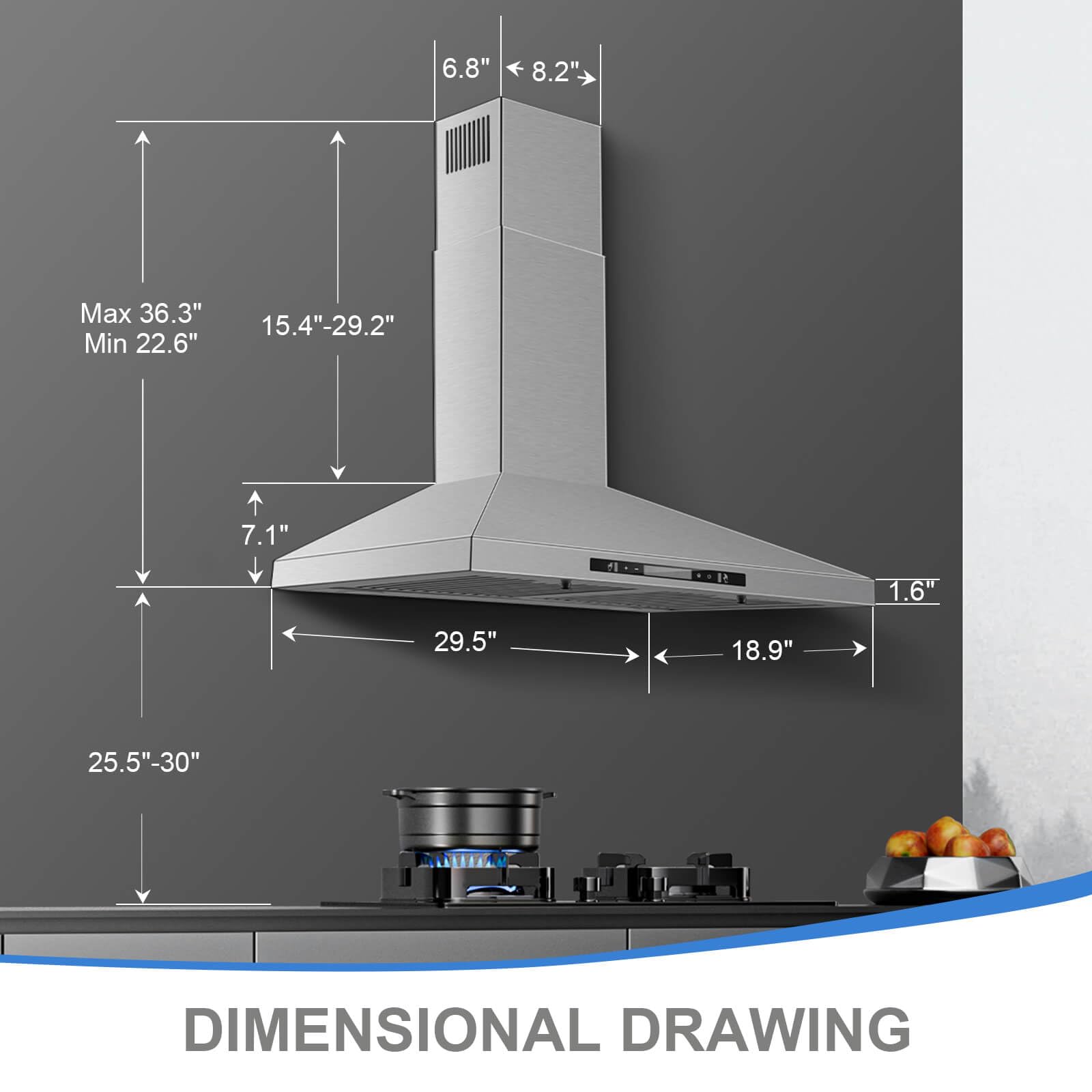 SNDOAS Wall Mount Range Hood 30 inch with Touch and Gesture Sensing Control,Chimney-Style Stainless Steel Range Hood,Vent Hood 30 inch Ducted/Ductless Convertible Kitchen Hood,Baffle Filters