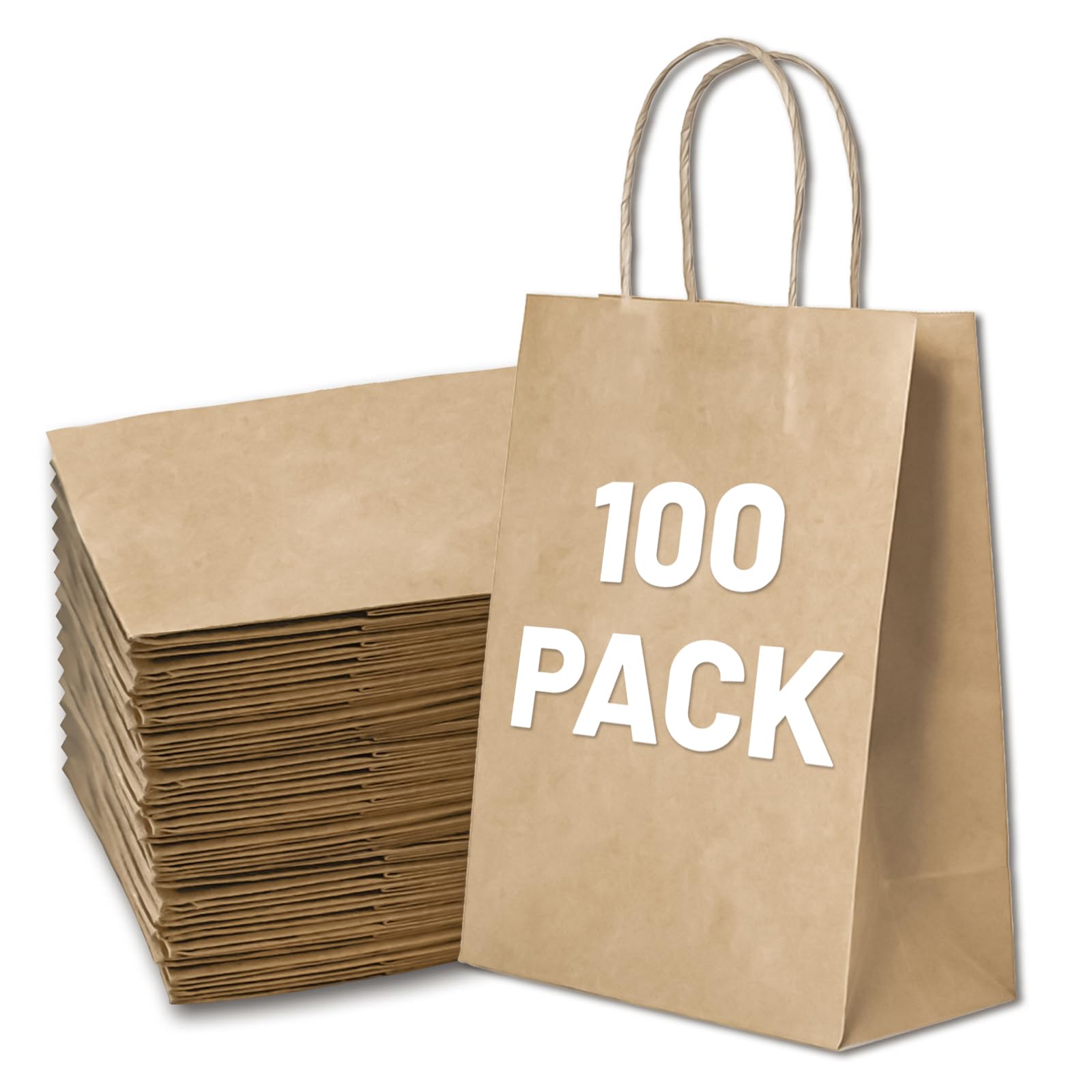 Gift Bags 8.25"X5.9 "X3.15" 100pcs Brown Paper Bags with Handles,Kraft Paper Bags for Small Business Christmas Bulk Bags, Wedding Party Favor Bags,Shopping Lunch Bags, Halloween Trick-or-Treat (Brown)