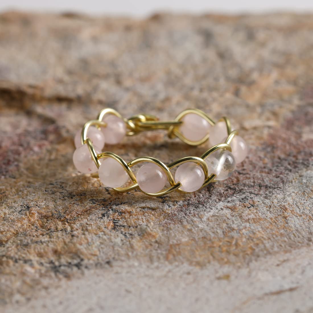 Tsnamer Rose Quartz Crystal Ring, Handmade Wire Wrapped Beaded Braided Rose Quartz Ring, Stone, rose quartz