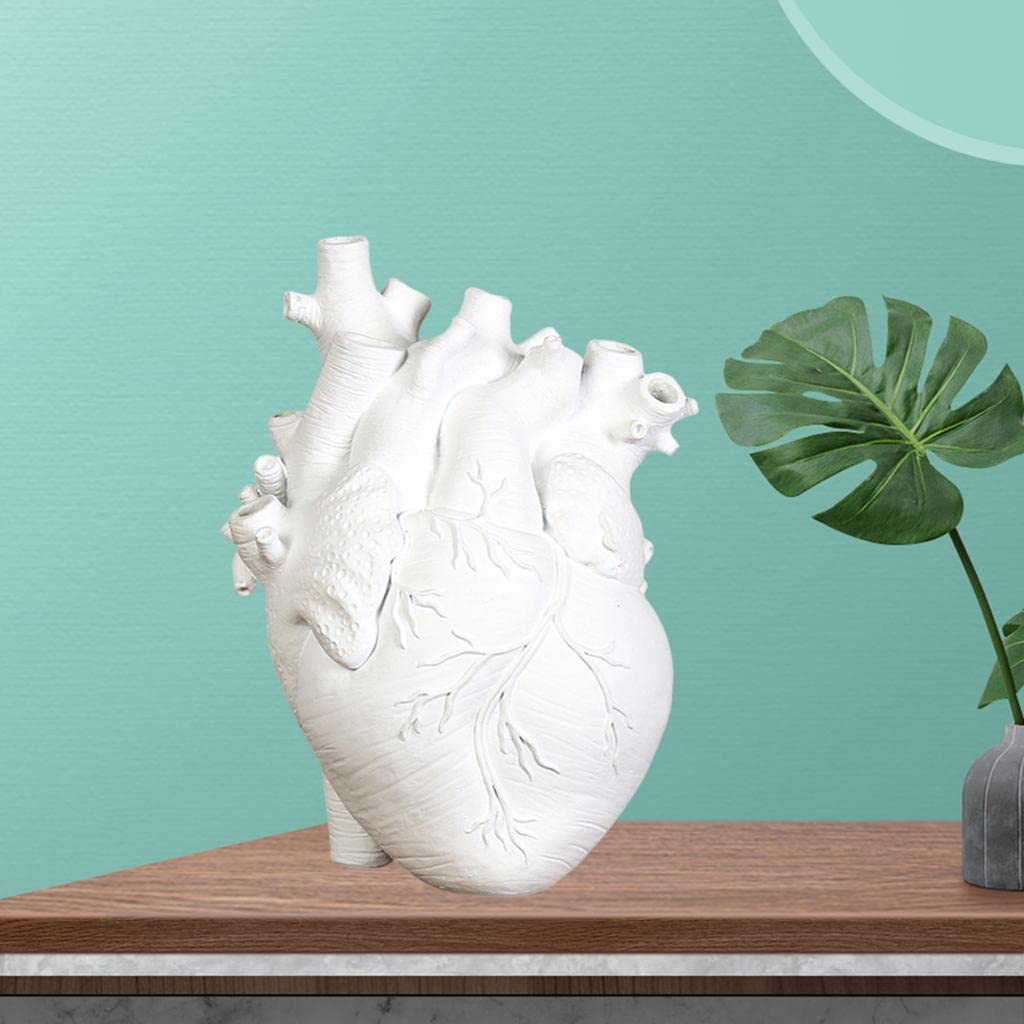 Prettyia Creative Vase, Anatomical Heart Flower Pot Sculpture Resin Statue, Modern Office Home Living Room Desktop Decoration, White 11.5x8x16.5CM