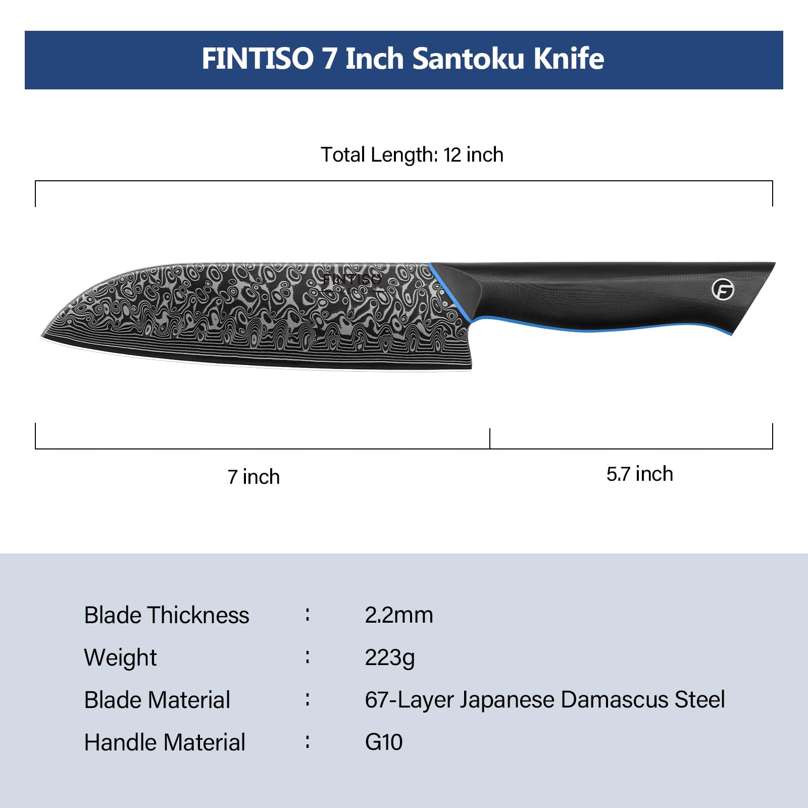 FINTISO Kitchen Knife 7 inch, 67-Layer Japanese Damascus Steel Chef Knife, Sharp Santoku Knife with G10 Handle, Professional Cooking Knife for Home and Kitchen