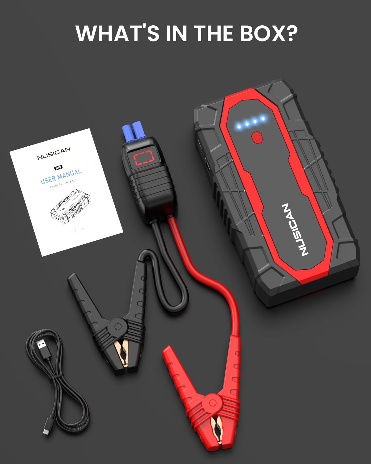 NUSICAN Car Jump Starter, 1500A Portable Battery Charger (up to 7.2L Gas&5.5L Diesel Engine) 12V 18000mAh Auto Lithium Battery Booster Jump Pack with Smart Jumper Clamps, USB QC3.0, LED Light, Compact