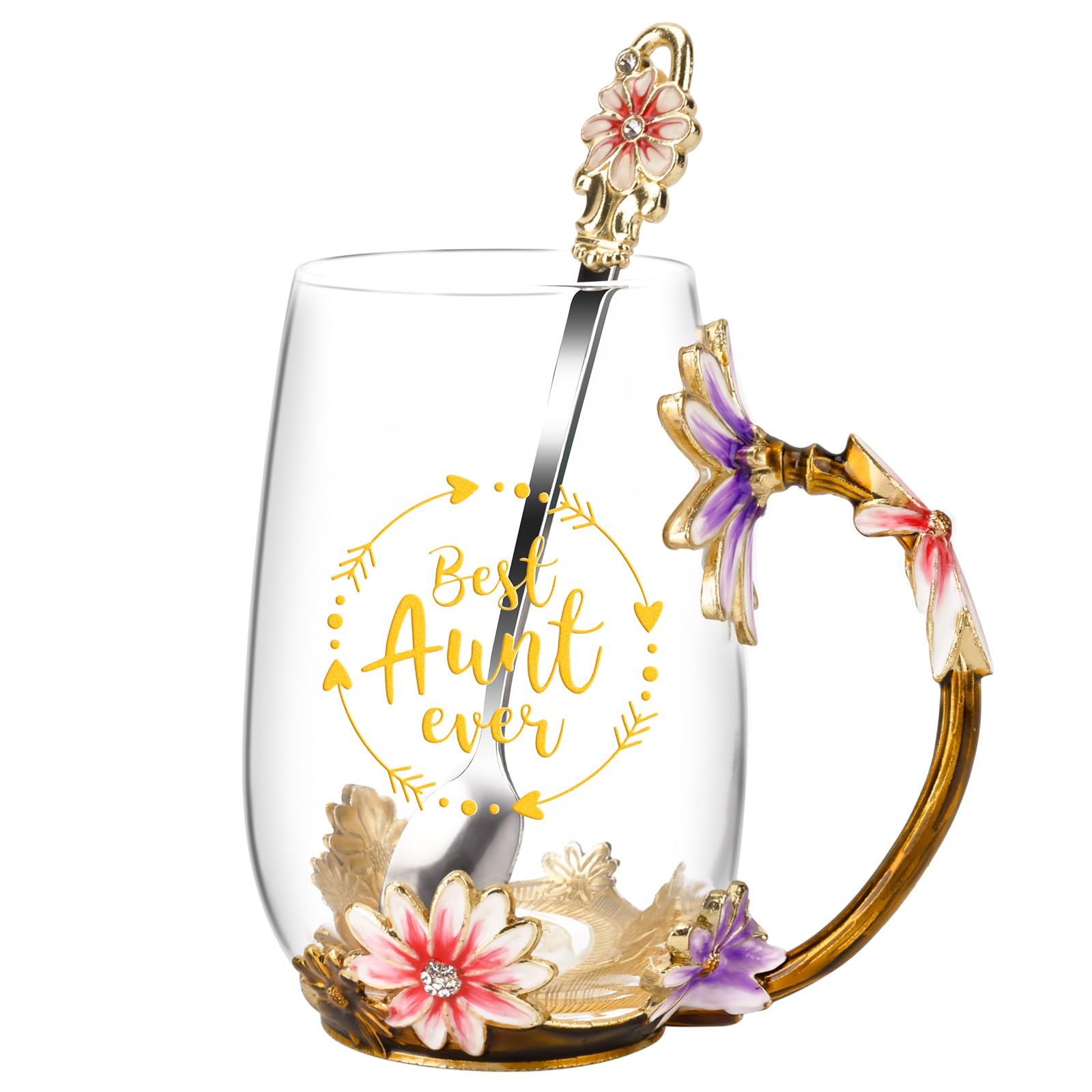 OEAGO Gifts for Aunt from Niece Nephew Tea Cup Cool Aunt Gifts Aunt Birthday Gift Enamel Flower Glass Mugs Christmas Mothers Day New Aunt Announcement Promoted To Aunt