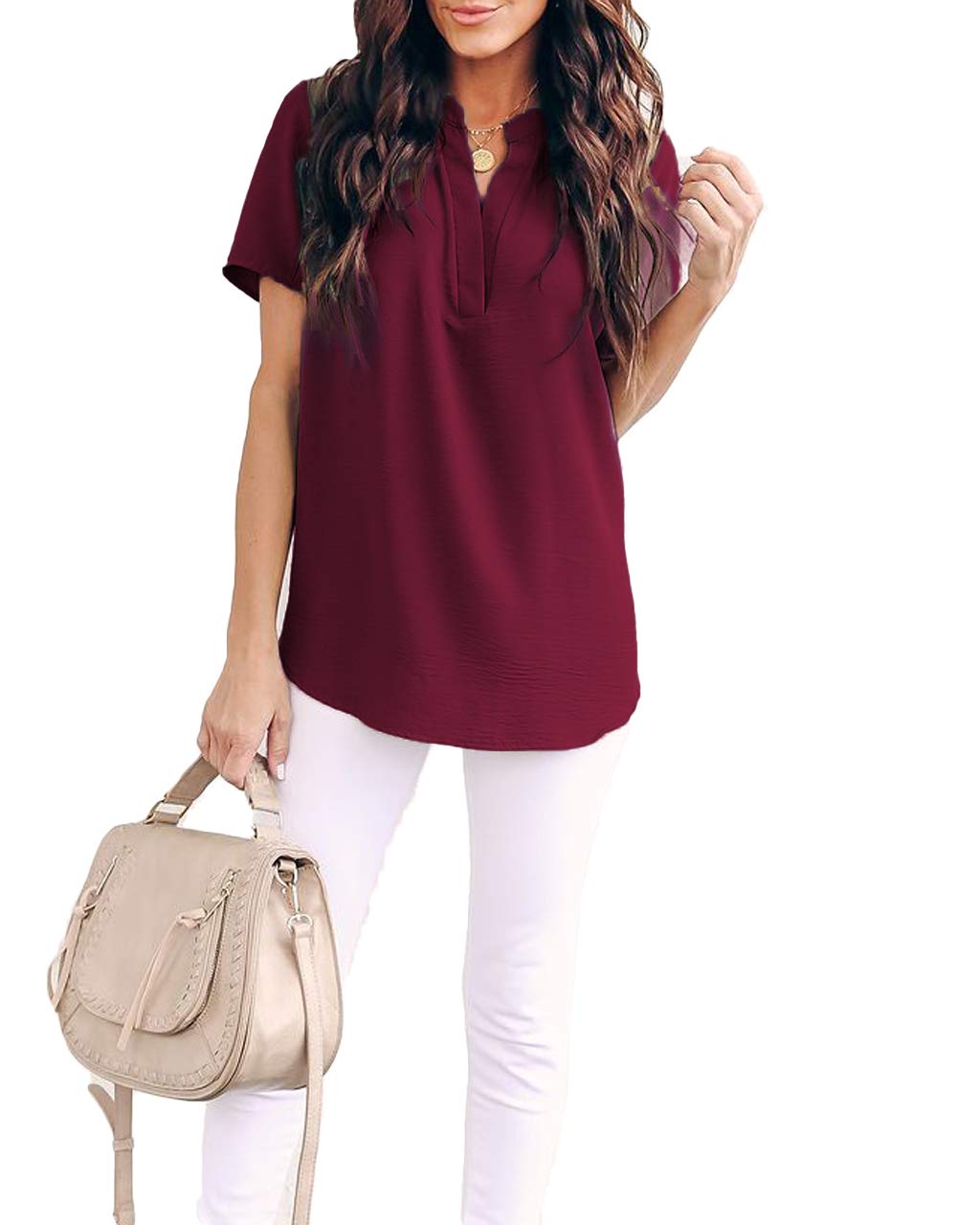 Allimy Women Summer Clothes Shirt V Neck Short Sleeve Tops Fashion 2025 Blouses Wine Large