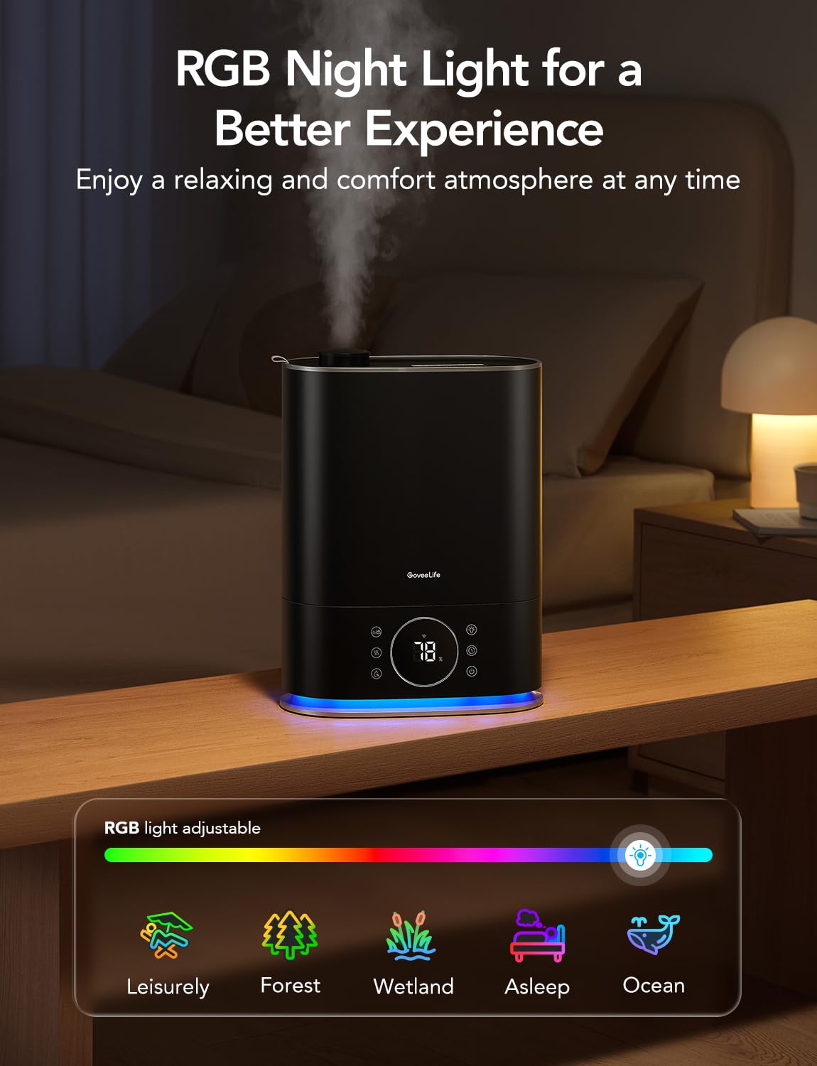 GoveeLife Smart Humidifiers for Bedroom, Cool&Warm Mist 7L Humidifier for Large Room, Auto Mode, Easy Top Fill, 70Hr Quiet Runtime, WiFi Air Humidifier with RGB for Baby, Plants Compatible with Alexa