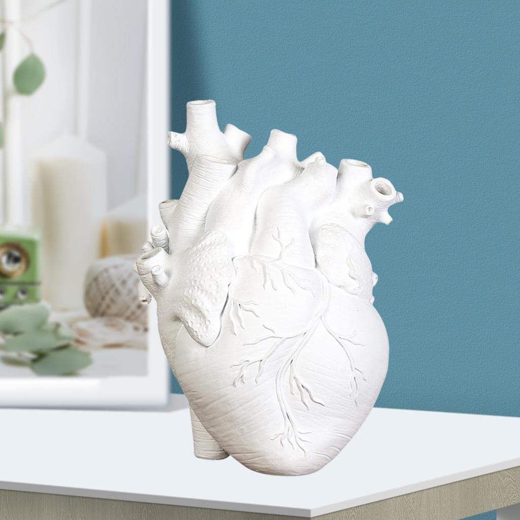 Prettyia Creative Vase, Anatomical Heart Flower Pot Sculpture Resin Statue, Modern Office Home Living Room Desktop Decoration, White 11.5x8x16.5CM