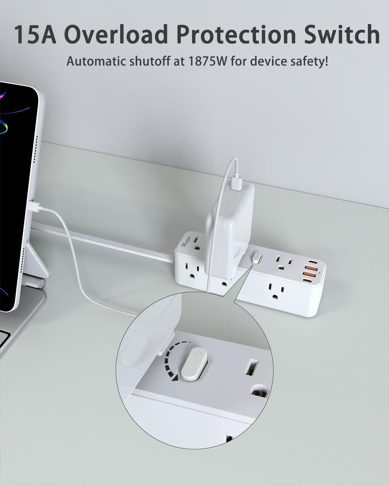 6 FT Flat Plug Extension Cord Surge Protector, Power Strip with 9 Outlets Extender and 4 USB Ports (2 USB-C), 2100 Joules, Wall Mount, Desk Charging Station for Home, Office, Travel, White
