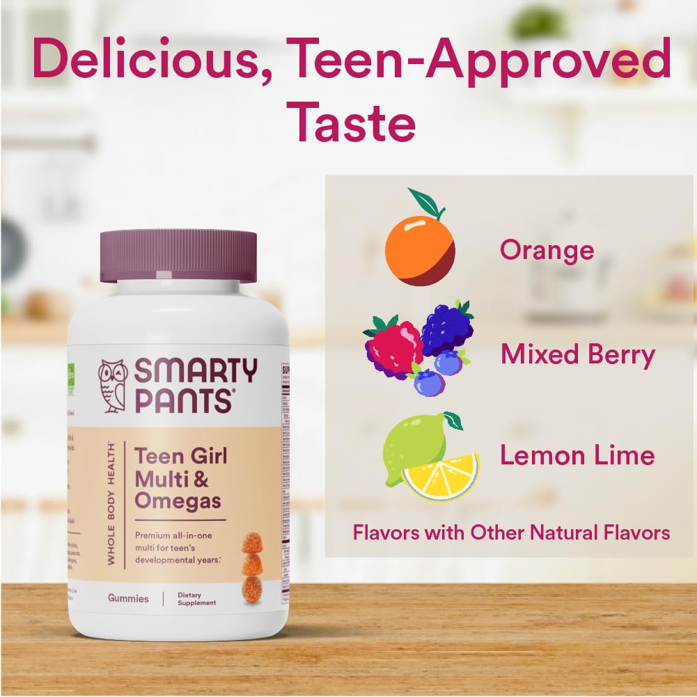 SmartyPants Teen Girl Multivitamin Gummies: Omega 3 Fish Oil (EPA/DHA), Vitamin C, D3, B12, Vitamin A, K & Zinc, Gluten Free, Includes Biotin to Support Hair, Skin & Nails, 120 Count (30 Day Supply)