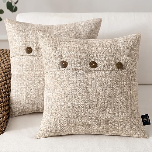 Phantoscope Farmhouse Throw Pillow Covers Triple Button Vintage Linen Decorative Pillow Cases for Couch Bed and Chair Beige, 18 x 18 inches 45 x 45 cm, Pack of 2