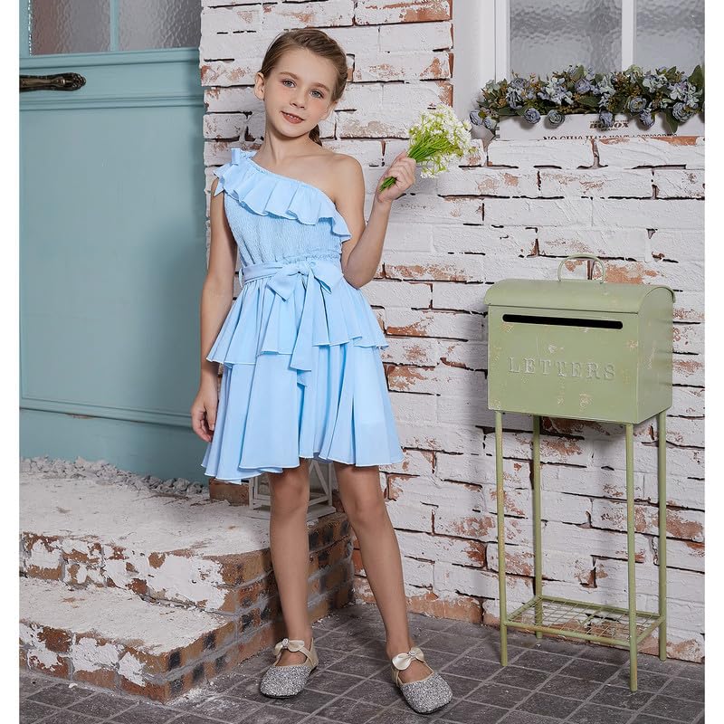 CHILDRENSTAR Girls Chiffon Dress Ruffles Smocked Sleeveless Blue Tiered Flowy Dresses,Size 4t 5t
