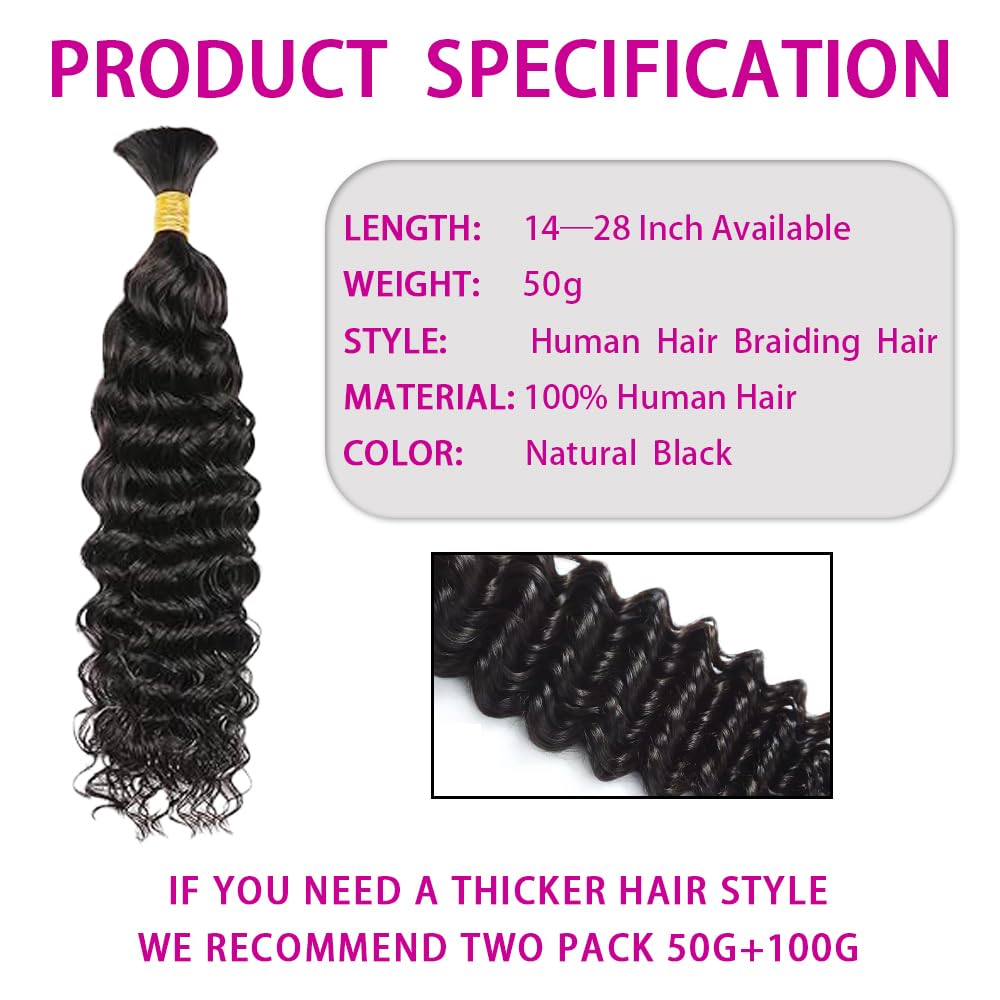 Human Braiding Hair 50g 22 Inch Deep Wave Bulk Human Hair for Braiding No Weft Bundle 12A Brazilian Virgin Curly Human Hair Extensions for Boho Braids Wet and Wavy Human Hair Braiding Hair