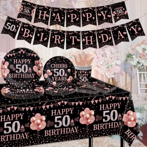 142Pcs Rose Gold 50th Birthday Decorations-Happy 50th Birthday Disposable Tableware for Women Rose Gold Birthday Plates and Napkins Set Serves 20 Guests