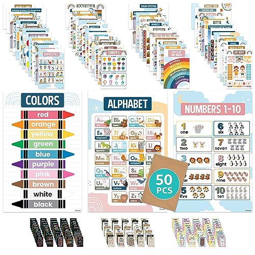 Decorably Preschool Posters for Classroom, 50 Kindergarten Posters for Classroom - 11x17in Kindergarten Classroom Posters, Learning Posters for Kids Ages 3-5, Learning Corner for Toddlers at Home