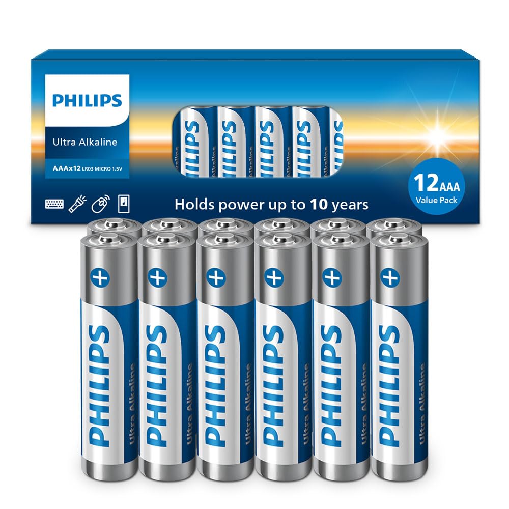 PHILIPS AAA Batteries, Ultra Alkaline Triple AAA Batteries 12 Pack, 1.5v Batteries AAA Size Pack, Ultimate Long-Lasting Power for High-Drain Devices, 10-Year Shelf Life, Durable Leak-Proof Design.