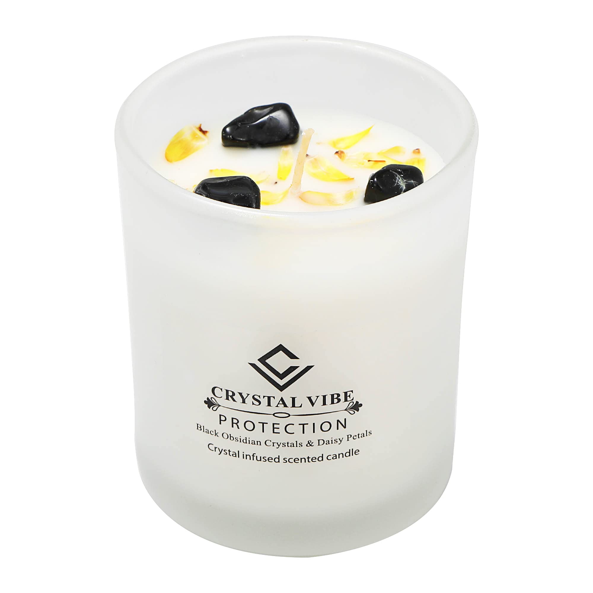 Crystal Vibe Protection Crystal Candle With Black Obsidian Crystals and Daisy Petals - Natural Soy Candles - Vanilla Scented Aromatherapy Candle Gifts for Christmas Birthdays