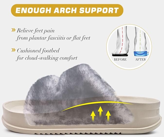 KuaiLu Women's Fluff Slippers Black White, Plantar Fasciitis Arch Support Platform Slippers Ladies Fashion Open Toe Faux Fur Sliders House Slipper