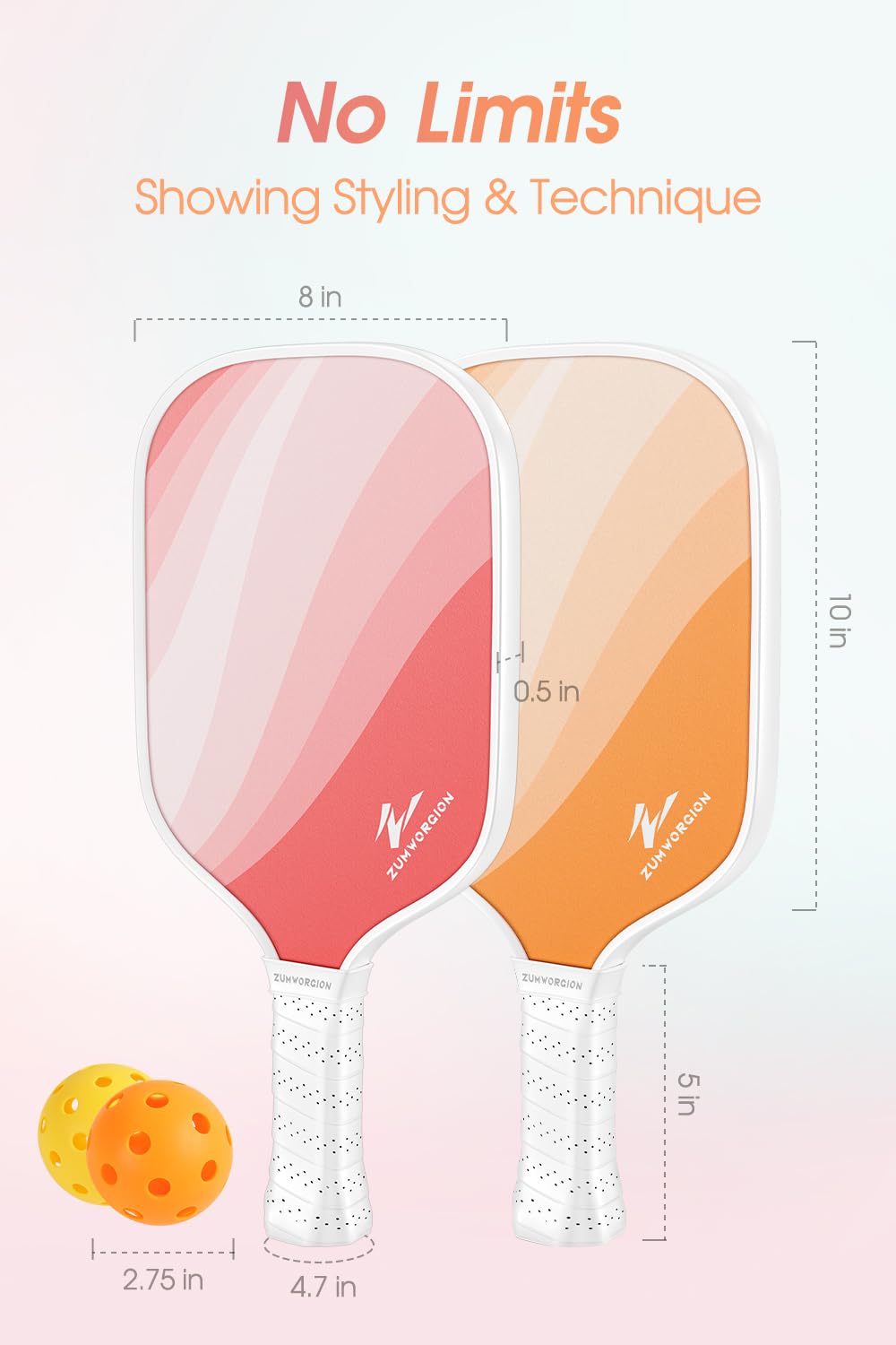 PalProt Pickleball Paddles Set of 2: Cute Pink Orange Fiberglass Rackets with Balls for Beginner - Lightweight Honeycomb Composite Core Spin Racquet for Kids - Women Girly Pickle Equipment | 7oz 14mm