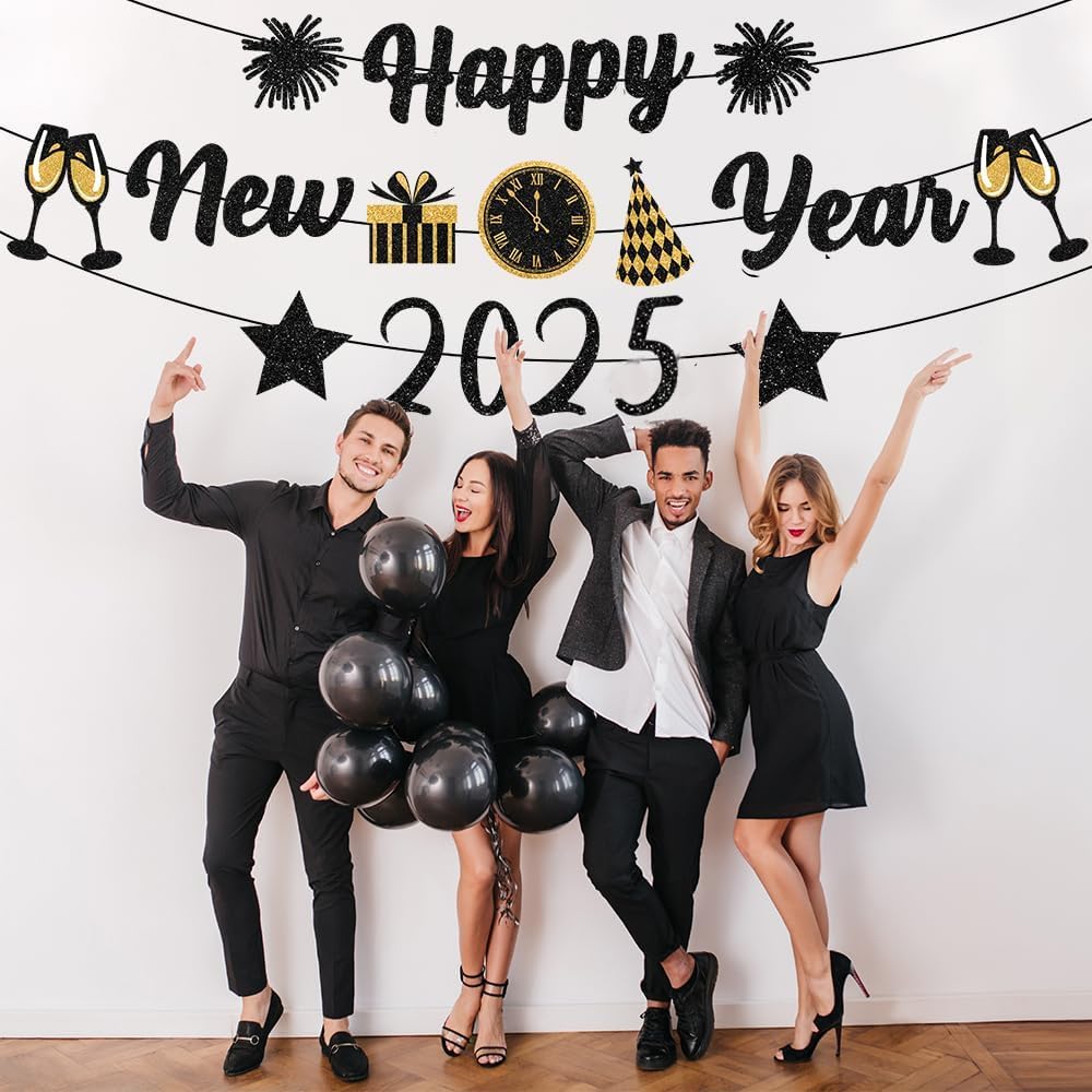 IMISHM Black Gold New Years Decorations 2025 Glitter Happy New Year Banner New Years Eve Party Supplies New Years Eve Decorations Happy New Year Sign For New Year Party Decorations