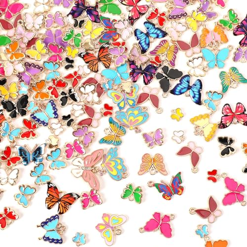 MARFOREVER 120 Pcs Butterfly Charms for Jewelry Making, Mixed Butterflies Charms Assorted Gold Enamel Butterfly Pendants for DIY Necklace Bracelet Earrings Making Supplies Gifts for Mother Women Girls