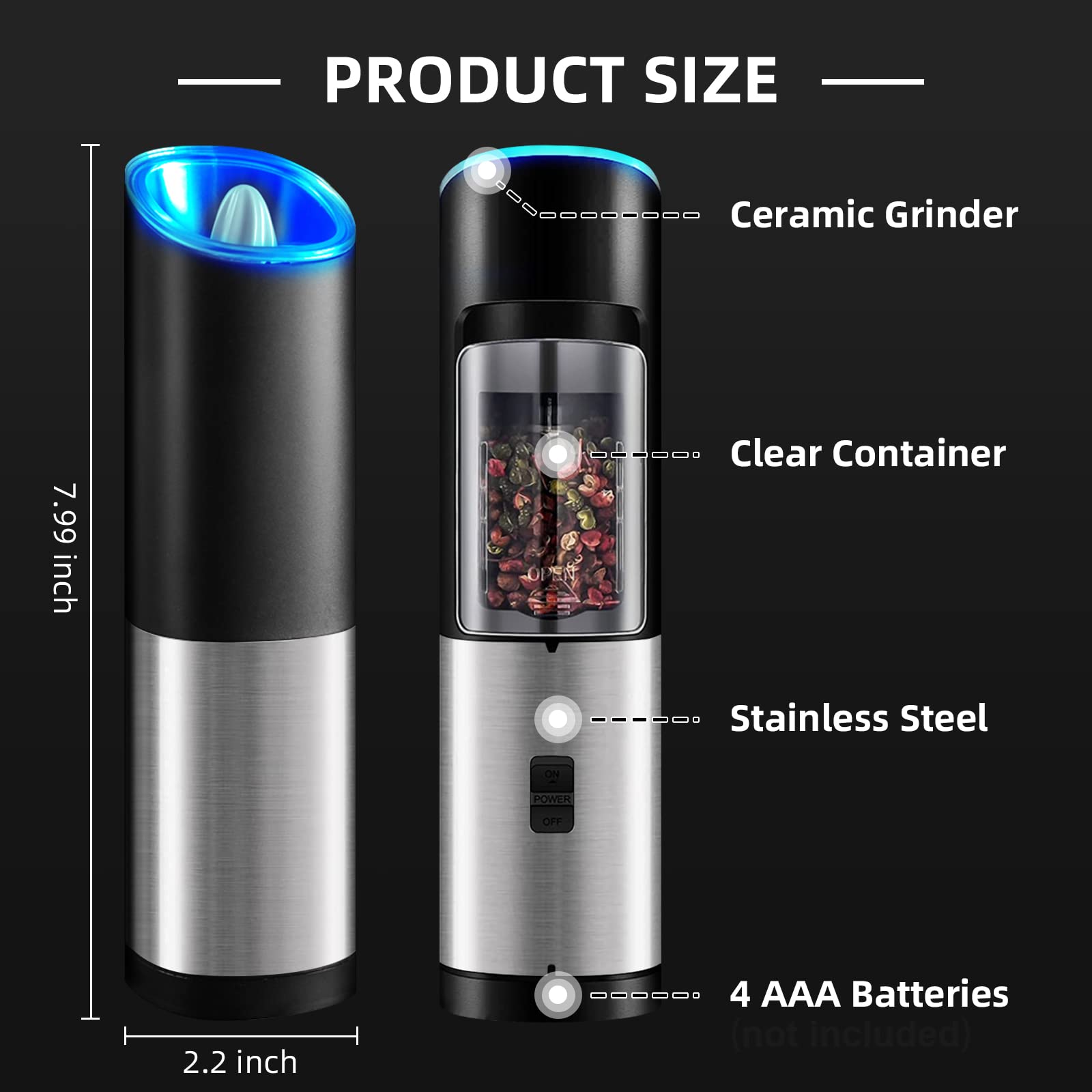 Rocyis Electric Salt and Pepper Grinder-Gravity Automatic Spice Mill Set-Battery Powered w/LED Light, Adjustable Coarseness, One Hand Operated Smart Kitchen Gadgets, Stainless Steel, 2 Pack