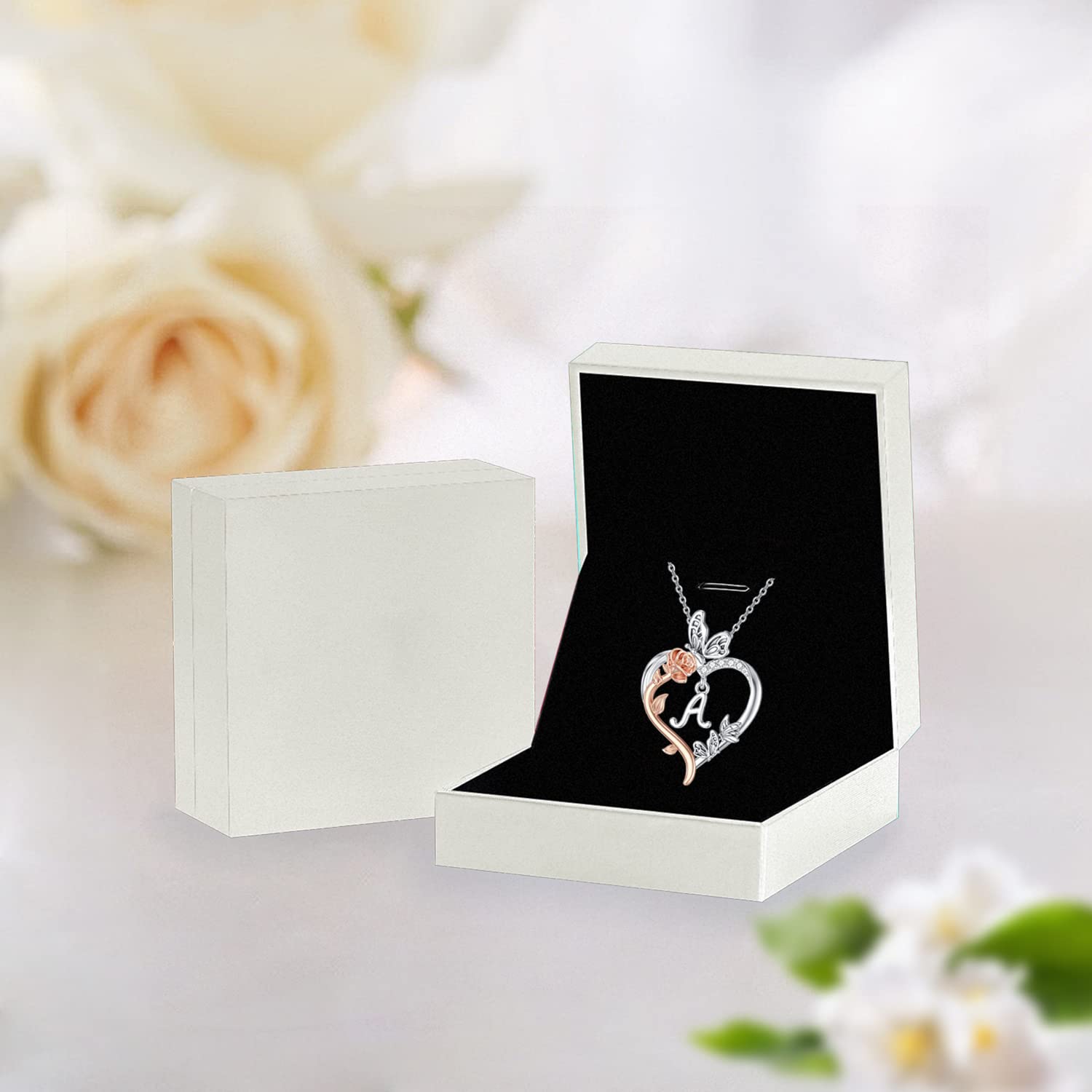 TOUPOP Gifts for Her Rose Heart Necklace Initial A Letter Necklace 925 Sterling Silver Butterfly Heart Pendant Necklace Anniversary Birthday Christmas Jewelry Gifts for Women Her Wife Girlfriend