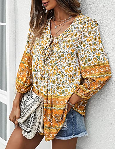 PRETTYGARDEN Women's Floral Ruffled Tunic Blouse Tie V Neck Casual Long Sleeve Babydoll Peplum Tops(02_Green,Small)