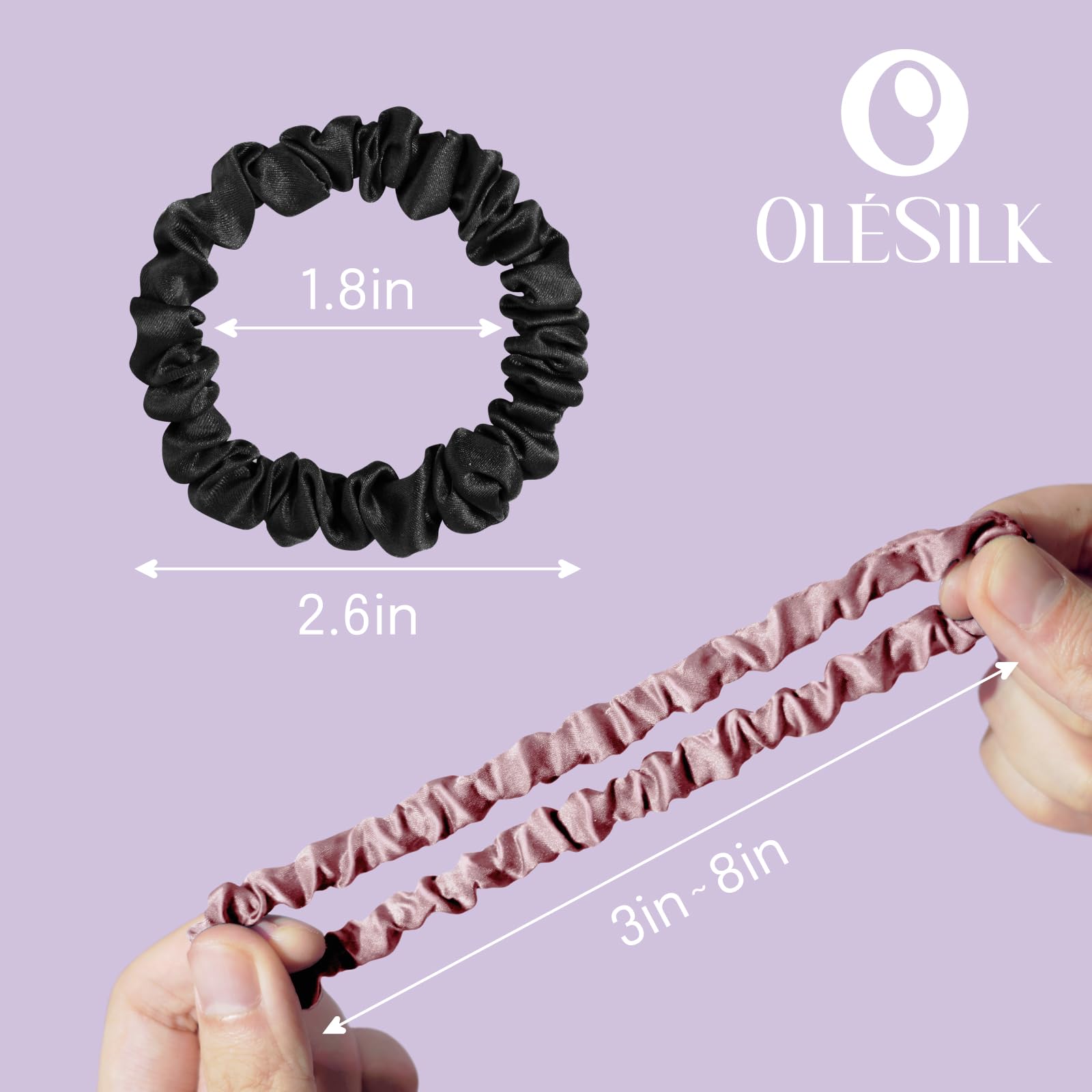 OLESILK Silk Hair Ties for Women: 100% Mulberry Skinny Silk Scrunchies, Soft Smooth No Damage No Crease for Thin Fine Curly Hair 3 Pack, Black