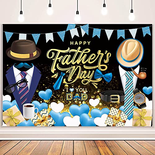 MEHOFOND 7x5ft Happy Father's Day Backdrop Blue Necktie I Love You Dad Black and Gold Father's Day Background Gift Black and Gold Father's Day Decoration Family Party Photo Booth Supplies Banner