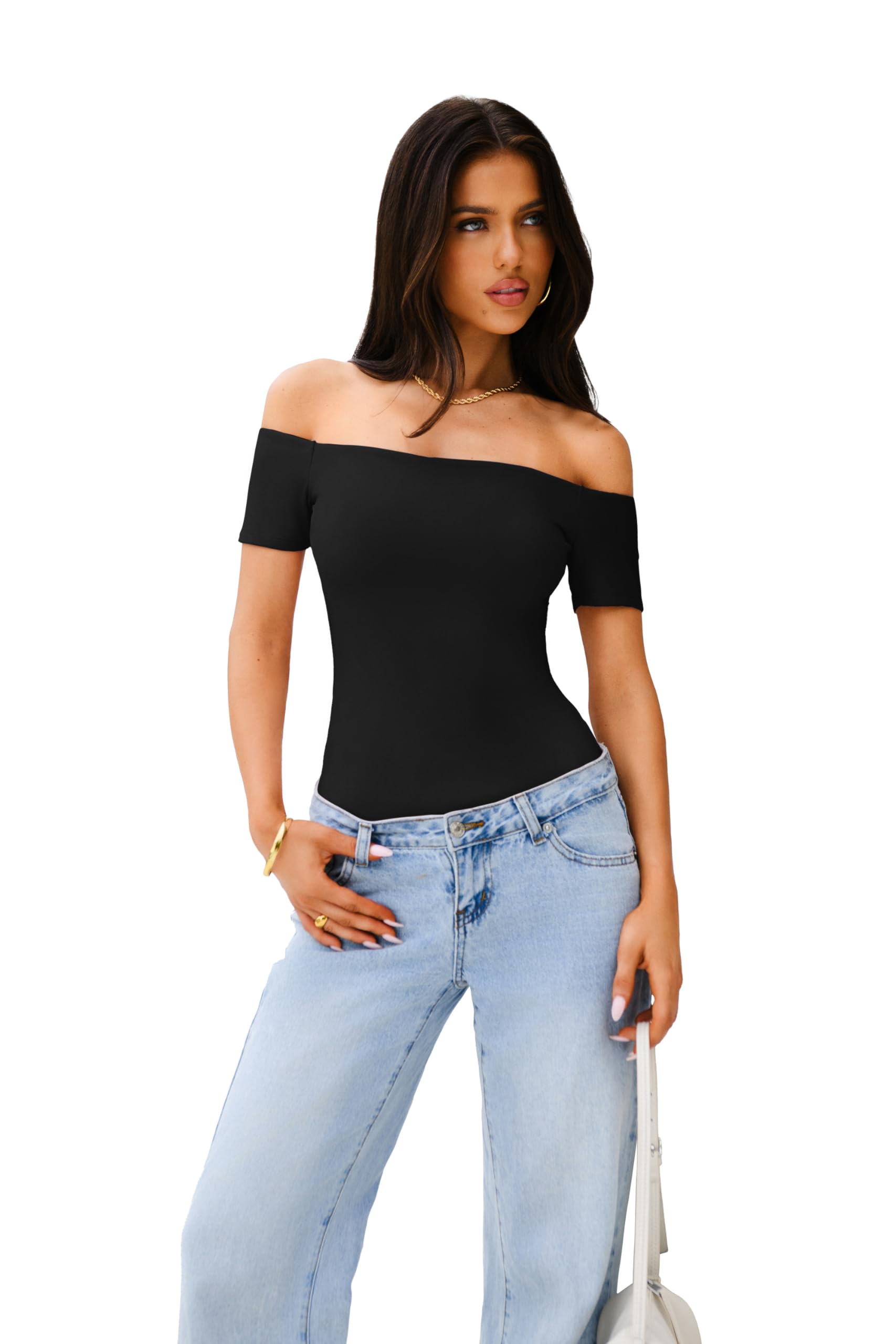REORIA Womens Sexy Casual Off The Shoulder Short Sleeve Backless Going Out Double Lined Fitted Thong Bodysuit Tops Black Onyx Small