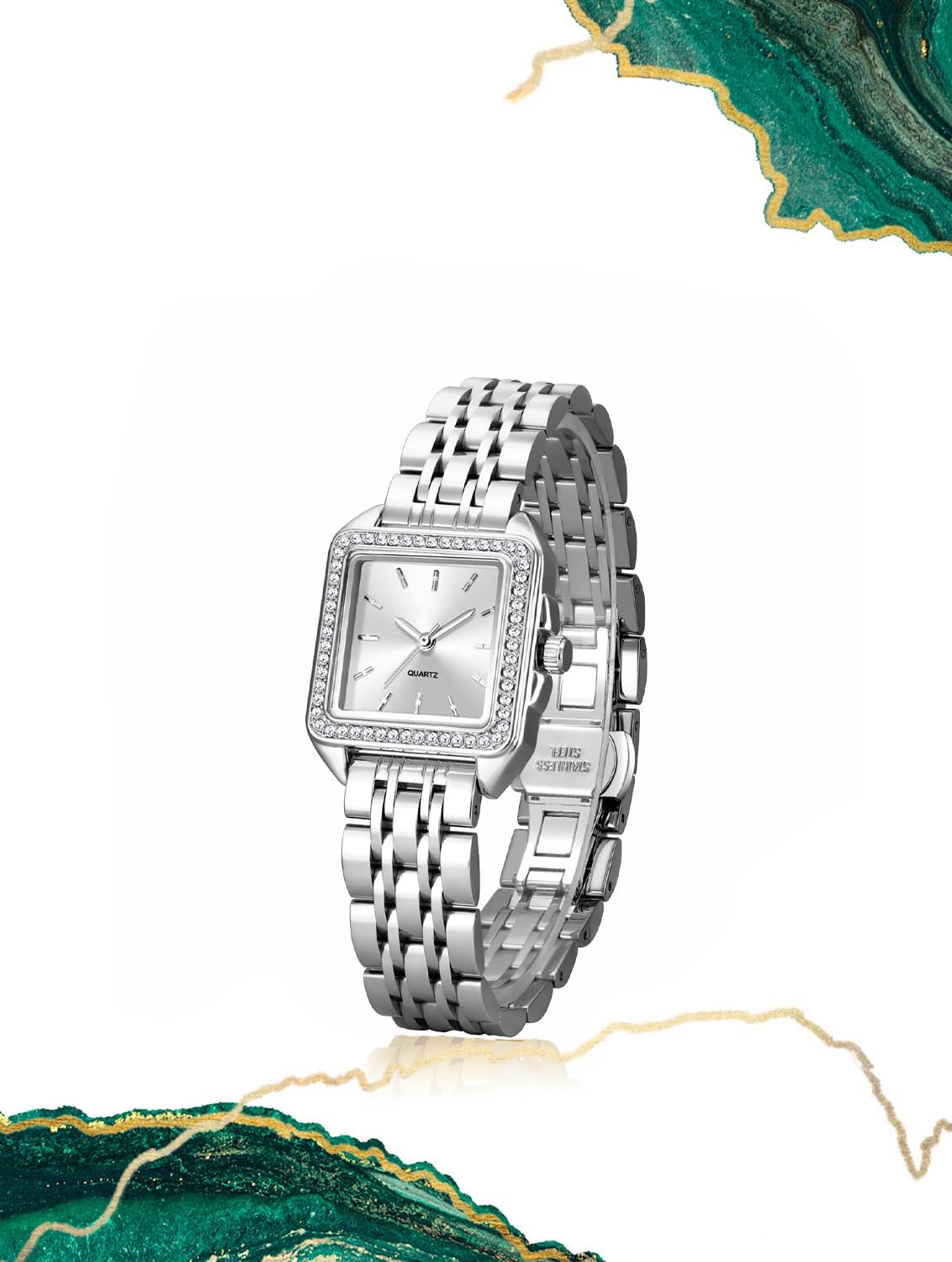 BESTKANG Women Watches Fashion Wristwatch Quartz Waterproof Watch Stainless Square Watch Women’s Golden Watches (Silver-White)