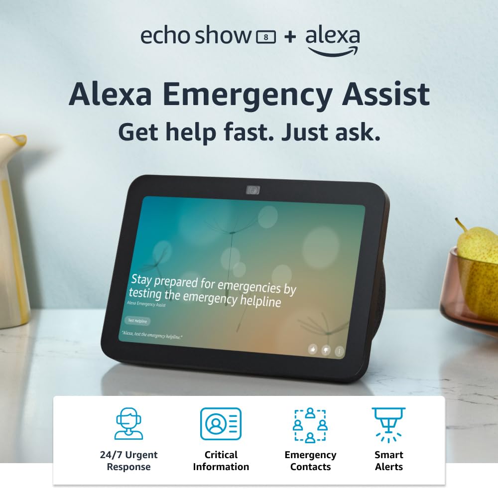 Echo Show 8 (3rd Gen, 2023 release) + Alexa Emergency Assist Monthly (auto-renewal) | With Spatial Audio and Smart Home Hub | Charcoal