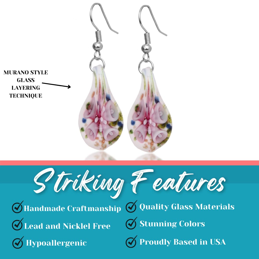 BESHEEK Handmade Murano Glass Inspired Unique Flowers Teardrop Multicolor Blue Green Confetti Pink Dangle Drop Earrings for Women Hypoallergenic Earrings Jewelry (Teardrop)