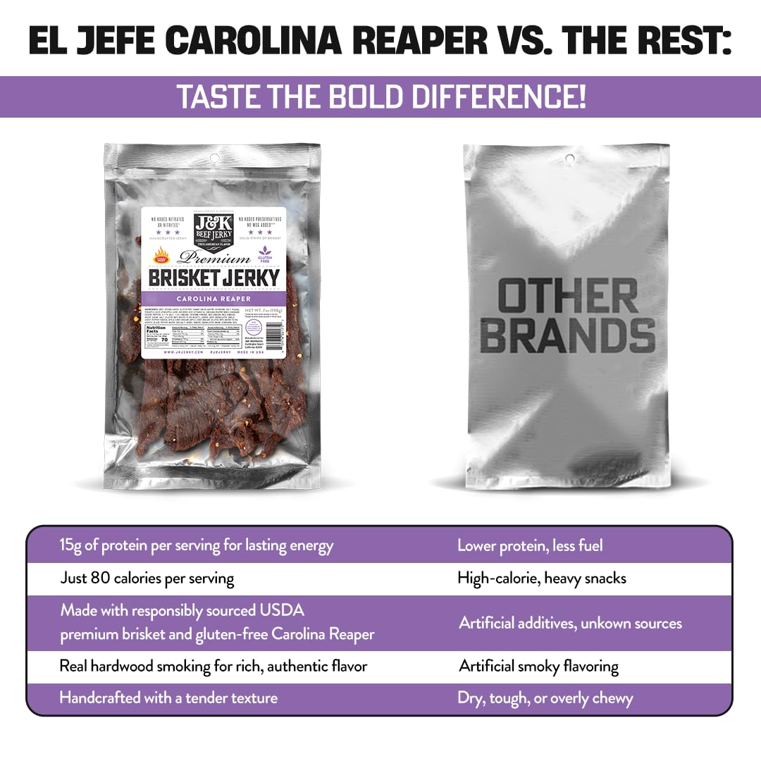 J&K Jerky Carolina Reaper Beef Brisket Jerky - Small Batch American Made Slab Beef Jerky's Spicy and Savory Snack with a Kick - Bold & Flavorful Snack! - 7oz Big Bag of Jerky's