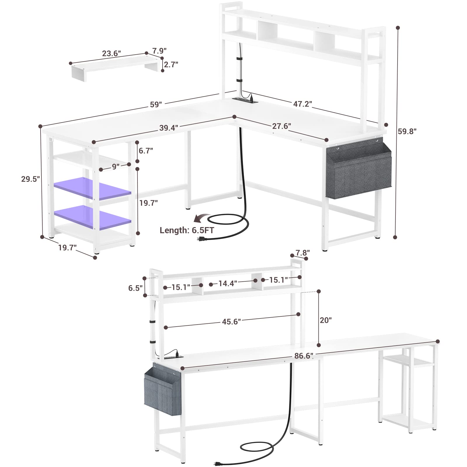Aheaplus L Shaped Desk with Power Outlet & LED Strip, Reversible L-Shaped Corner Computer Desks Gaming Desk with Storage Shelf & Monitor Stand, Modern 2 Person Home Office Desk, Writing Desk, White