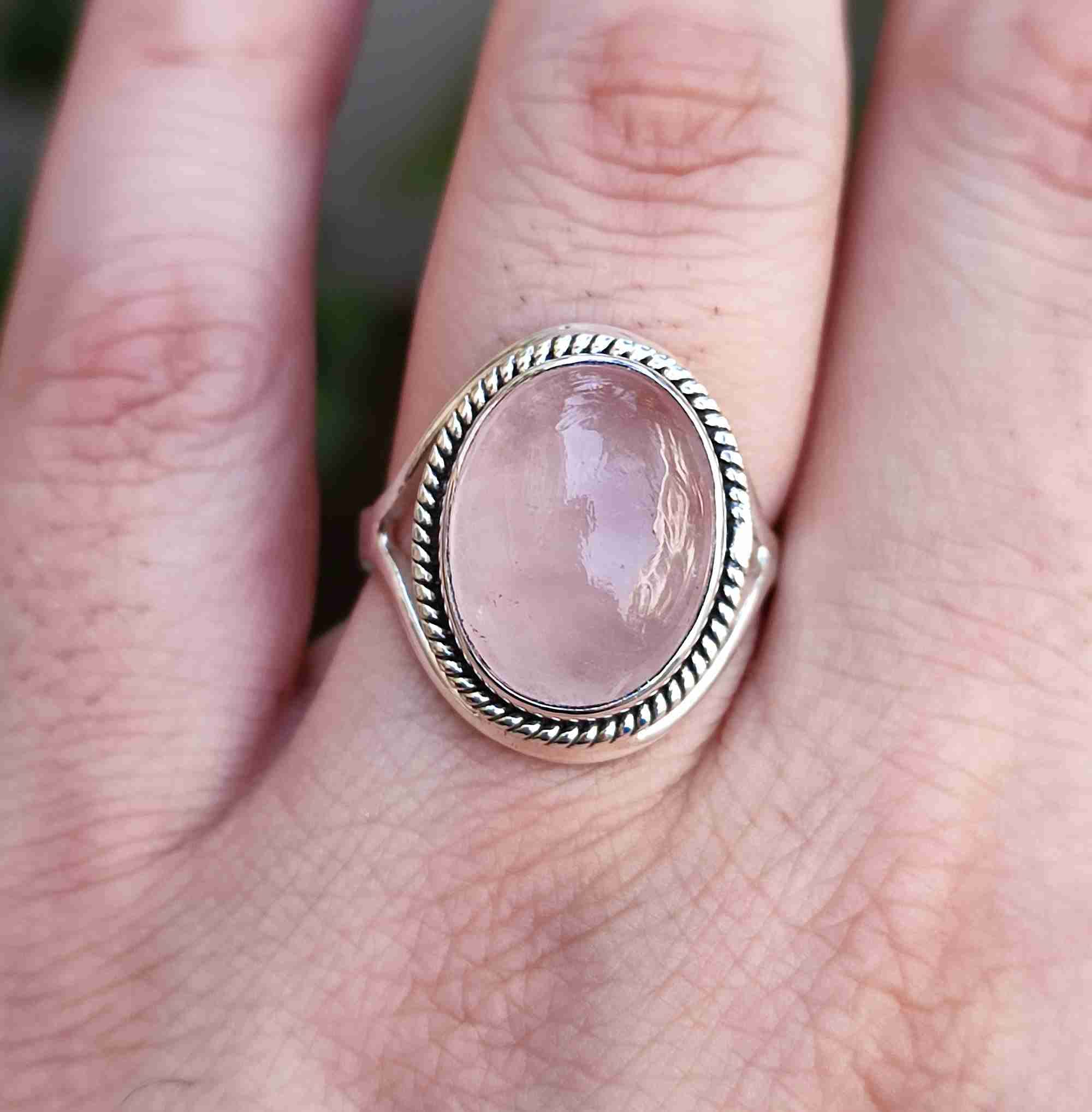 Navya Craft Rose Quartz Ring, 925 Sterling Silver Handmade Statement Promise Rings for Women, Natural Pink Oval Gemstone Boho Jewelry, January Birthstone, Gift for Her Birthday Anniversary (7.5)