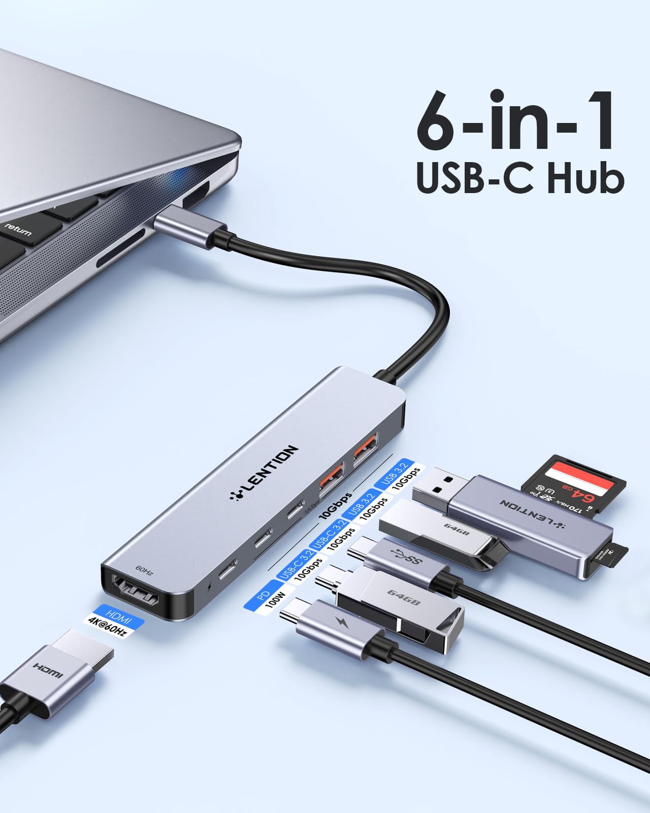 LENTION USB C Hub with 4K@60Hz HDMI, 2 USB C and 2 USB 3.2 Gen2 Transfer Data in 10Gbps Max, 100W Charging, for MacBook Pro, Mac Air, iPhone 15, Windows, More, Stable Driver Adapter (CE37, Space Gray)