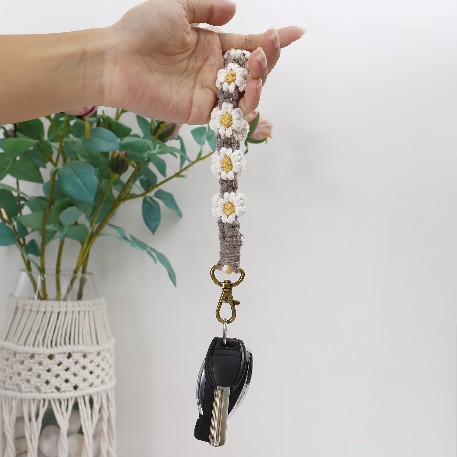 Poagoep Macrame Keychain Handmade Wristlet Keychain Wrist Lanyard for Keys Cute flower keychain Key Chain for Women(13)