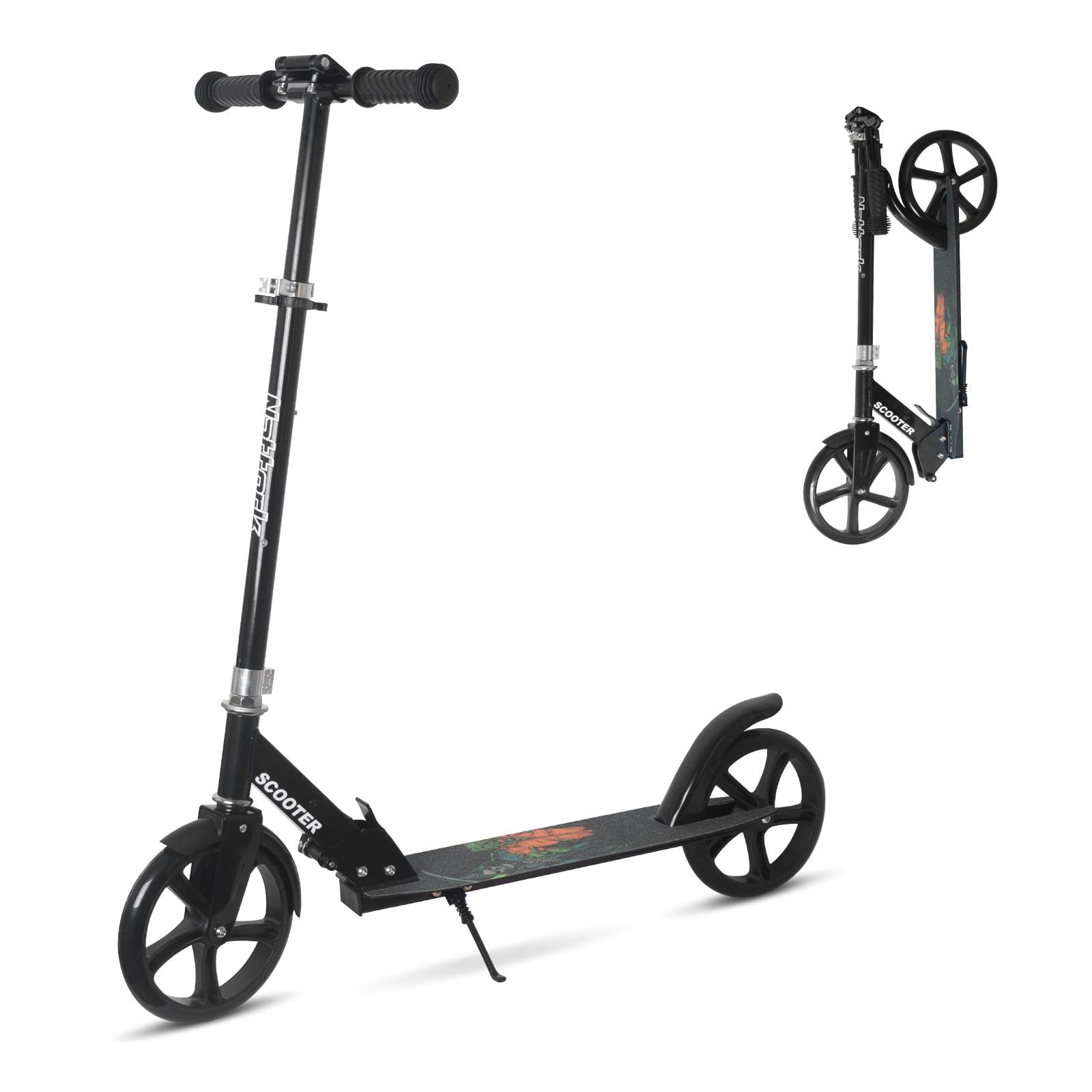 Nattork Scooter for Kids 8-12, Teens and Adults- Adjustable Height Folding Kick Scooter with Large Sturdy Wheels for a Smooth Ride, Lightweight, Anti-Shock Suspension for Boys and Girls-Black
