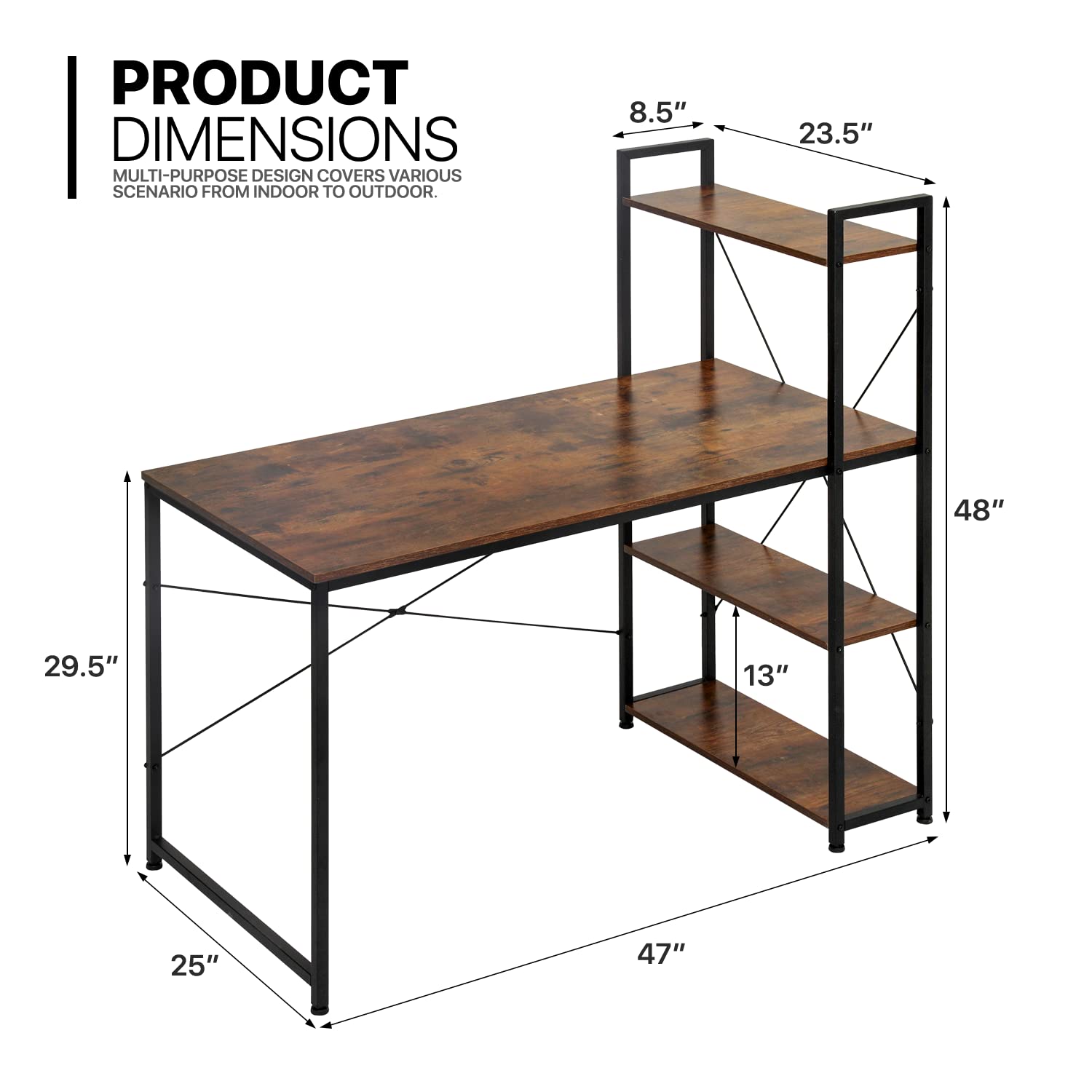 MoNiBloom Computer Desk with 4 Tier Storage Shelves, 47 Inches Home Office Study Writing Desks with Display Bookshelf, Rustic Brown