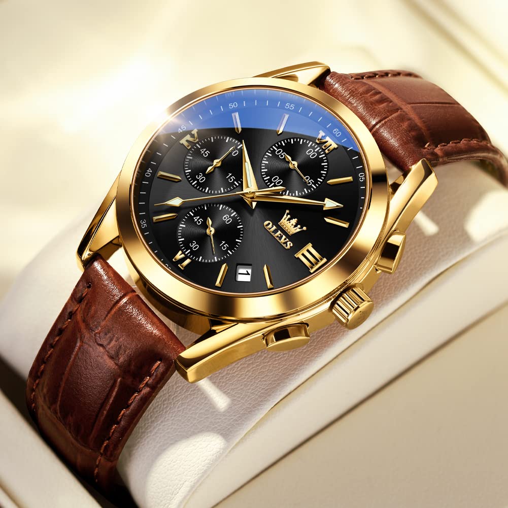 OLEVS Brown Mens Watches Gold Tone Steel Case Leather Band Watches Waterproof Analog Quartz Watches for Men Black Dial Date Calendar Sport Wristwatch with Battery