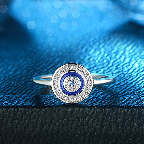 TONGZHE Round Blue Evil Eye Band Ring in Sterling Silver 925 w/Cubic Zirconia & Enamel[Size 6]