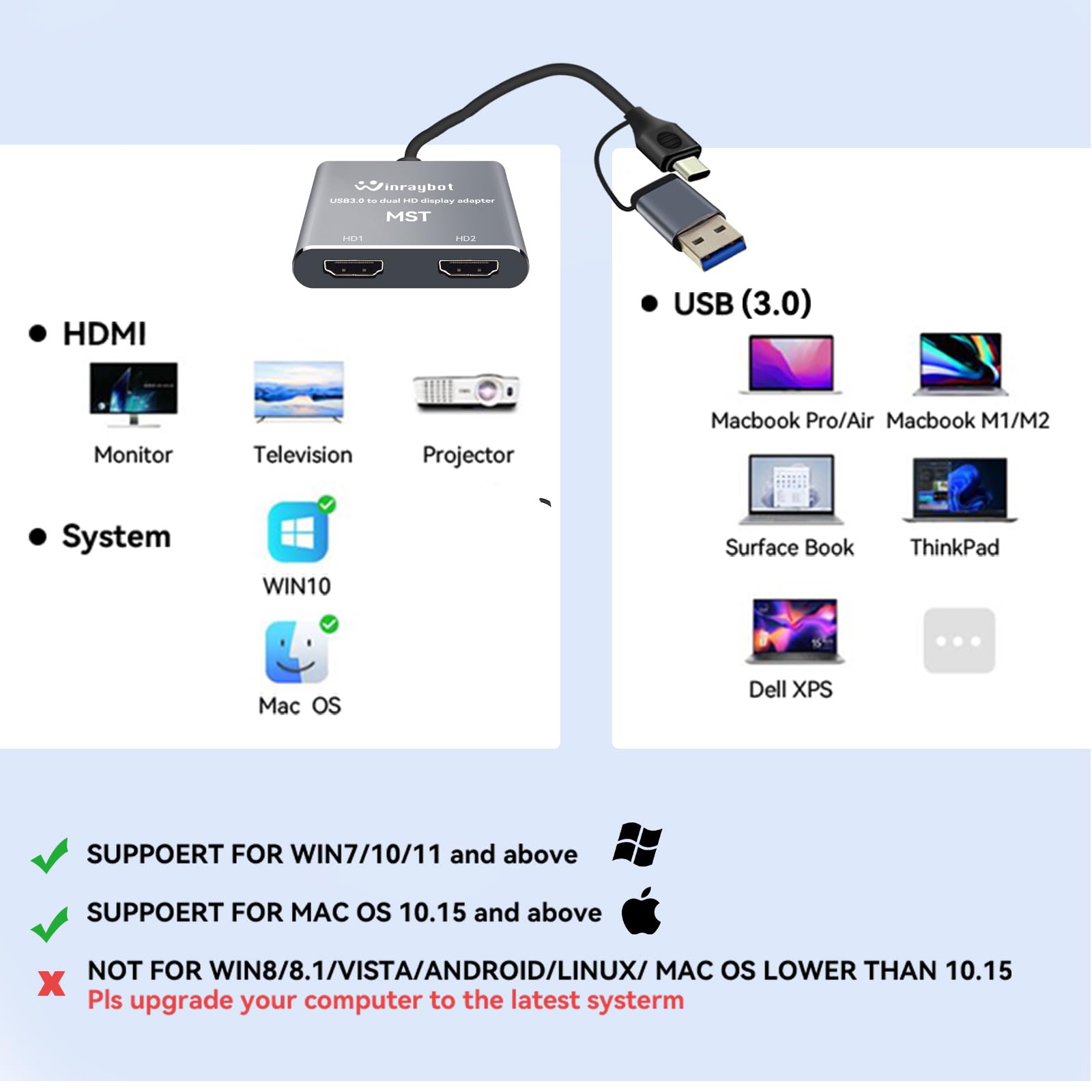 USB to HDMI Adapter for 2 Monitors-USB3.0 to Dual hdmi Adapter for 3 Monitors-USB to displayport Adapter Supports Mac & Windows/Dual HDMI Extender -External Video & Graphics Card Adapter