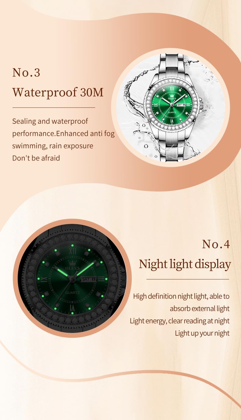 OLEVS Green Women Wrist Watches Luxury Fashion Quartz Analog Stainless Steel Waterproof Ladies Watch Diamond Dial Gift Women Watch