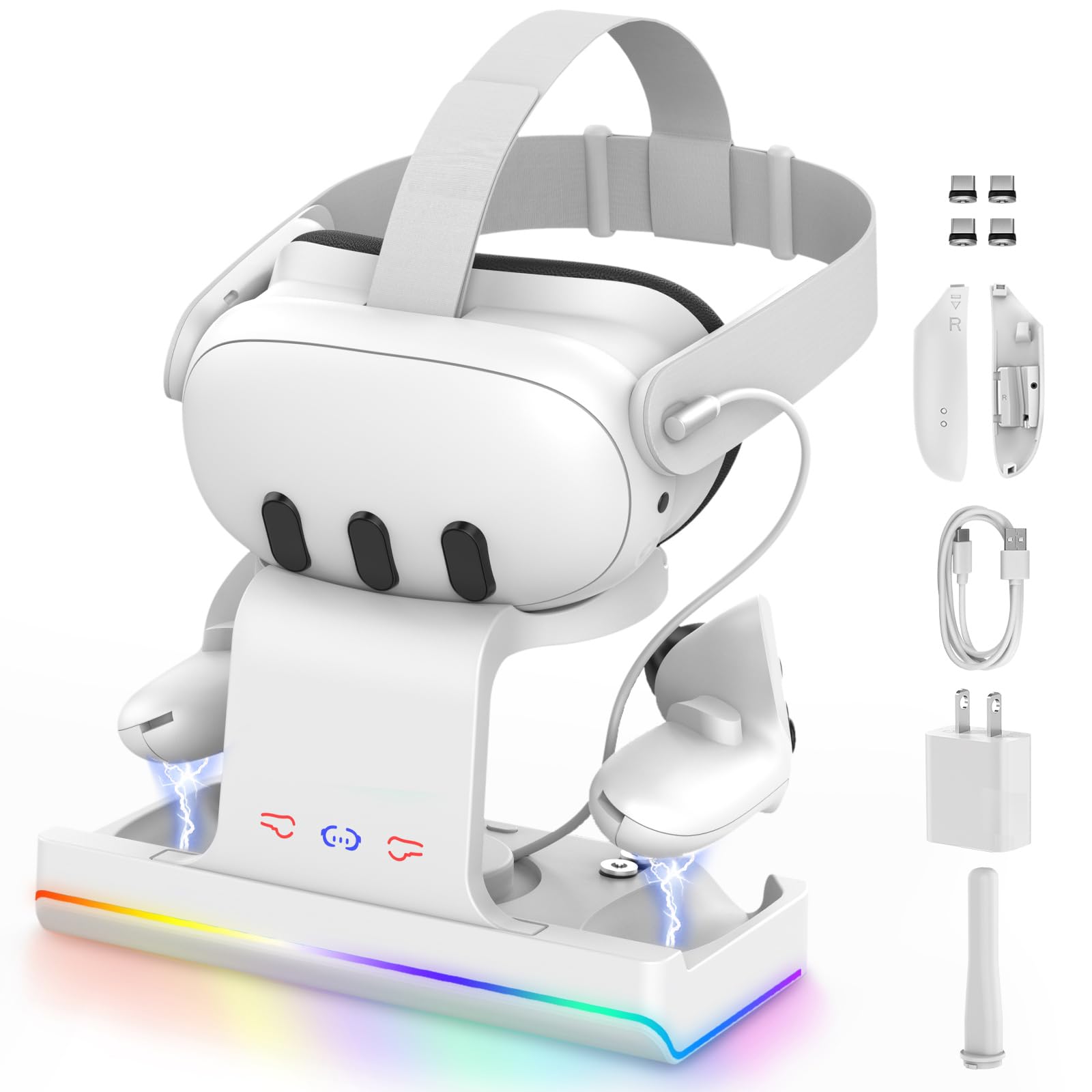 GEEKERA Charging Dock for Meta Quest 3/Oculus Quest 3, VR Headset & Controllers Charging Stand with RGB LED Light [On/Off], VR Accessories with 2 Rechargeable Batteries, Fast Charging Station